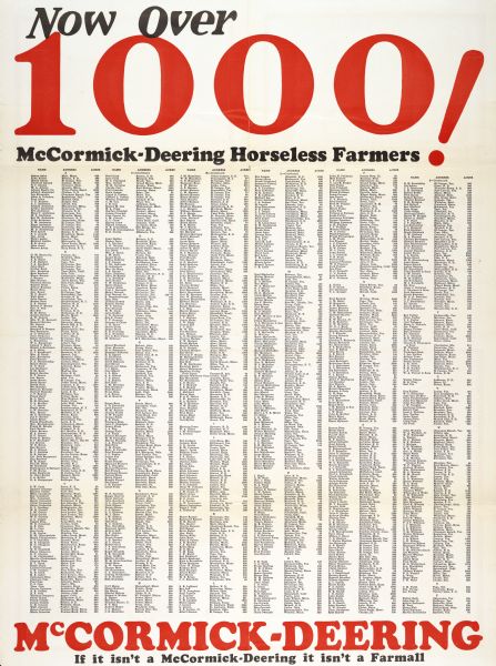 Advertising poster for McCormick-Deering farm machinery listing the names of over 1000 farmers who work with tractors and other power machinery instead of horses. Poster text says: "Now over 1000! McCormick-Deering Horseless Farmers"