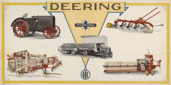 Advertising poster for Deering farm machinery and International trucks. The poster graphically links the Deering, International (triple diamond) and International Harvester logos and product lines. Includes color illustrations of a tractor, stationary thresher, harvester-thresher (combine), plow and truck. Printed for distribution in Argentina.