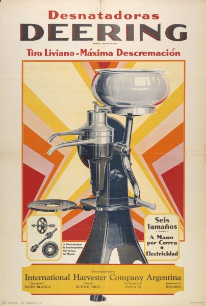South American advertising poster for the Deering cream separator.  Includes the text "desnatadoras Deering" and "tiro liviano - maxima descremacion." Printed by the Magill-Weinsheimer Company of Chicago for distribution in Argentina. Imprinted with "International Harvester Company Argentina" and addresses in Bahia Blanca, Buenos Aires, Santa Fe and Rosario.