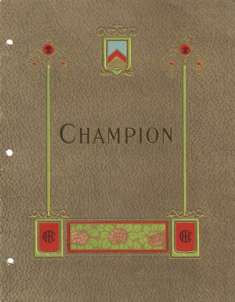 Cover of an advertising catalog for Champion harvesting machinery.