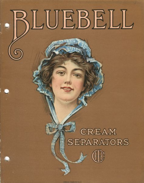 Catalog cover for Bluebell cream separators, sold by International Harvester Company. The cover features an illustration of a young woman wearing a bonnet.