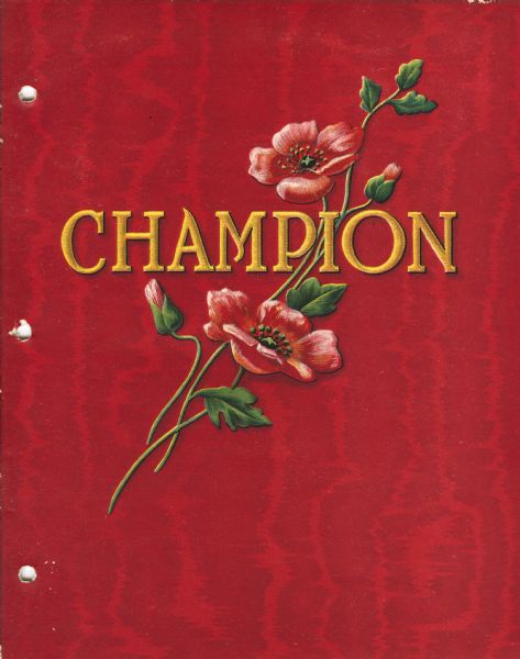 Cover of an advertising catalog for Champion harvesting machinery. The cover features an illustration of a flower.