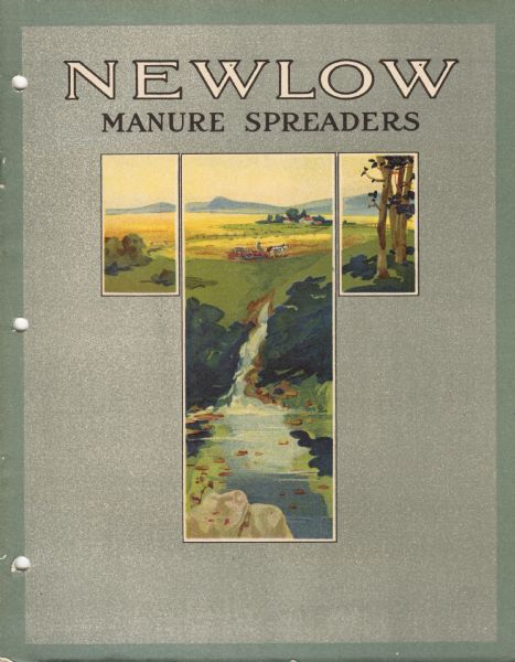 Cover of an advertising catalog for International Harvester New Low manure spreaders. Features an illustration of a man riding on a horse-drawn manure spreader surrounded by picturesque scenery that includes a waterfall flowing into a body of water.
