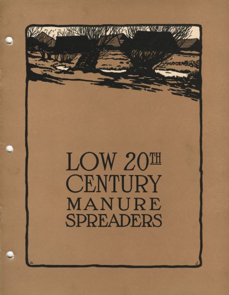 Cover of an advertising catalog for International Harvester manure spreaders. Includes an illustration of storage sheds and trees.