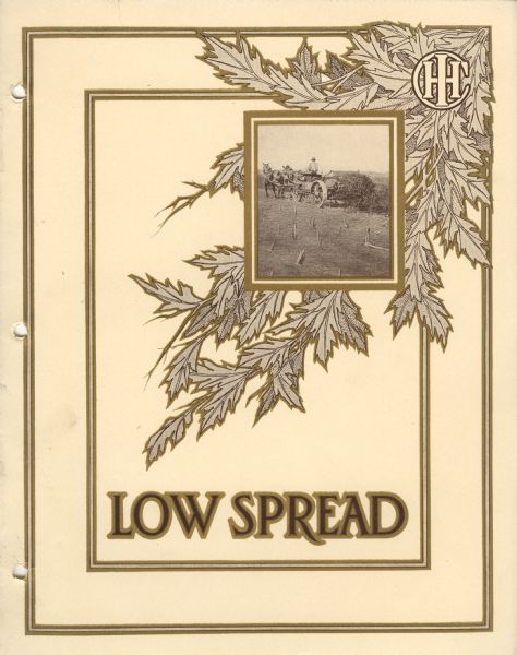 Cover of an advertising catalog for International Harvester manure spreaders. Includes an image of a man operating a horse-drawn manure spreader framed by leaves, and the International Harvester Company logo.