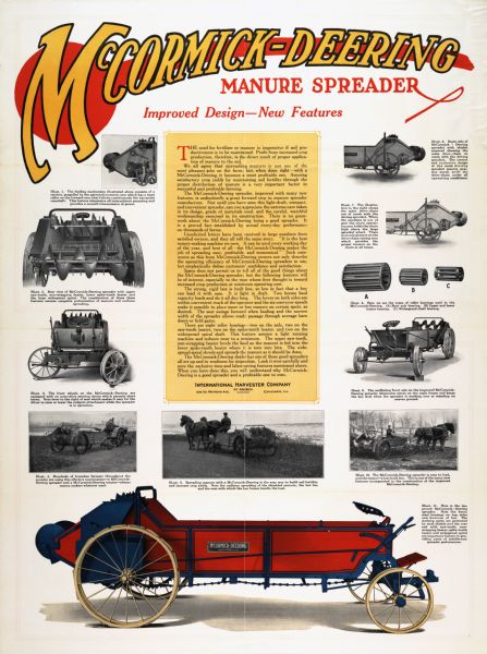 Advertising poster for McCormick-Deering manure spreaders showing color and black and white illustrations of various features.