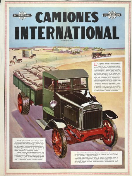 South American advertising poster for International trucks showing a color illustration of a truck hauling sacks in a desert-like environment with a horse-drawn wagon in the distance. Printed for International Harvester Company Argentina. Includes the text: "Camiones International."