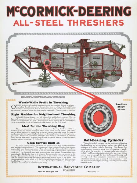 Advertising poster for the McCormick-Deering all-steel thresher featuring color illustration.
