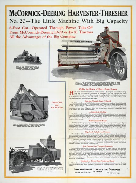 Advertising poster for the McCormick-Deering No. 20 harvester-thresher (combine). Includes the text: "The little machine with big capacity."
