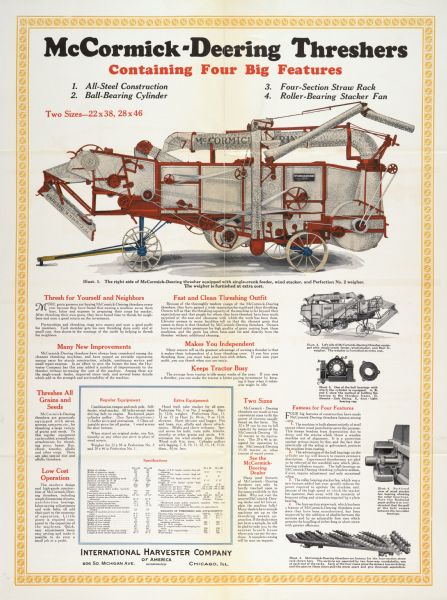 Advertising poster for the McCormick-Deering all-steel stationary thresher featuring color illustration of the implement.