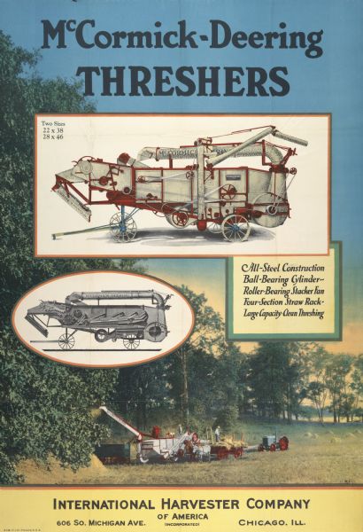 Advertising poster for the McCormick-Deering all-steel stationary thresher featuring color illustration of the implement. Includes an illustration of a threshing operation.