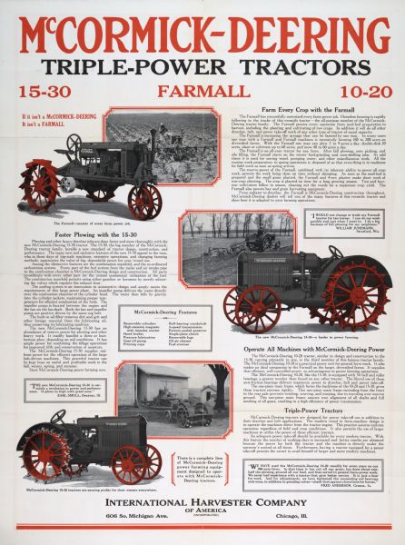 Advertising poster for McCormick-Deering tractors including the Farmall, 10-20 and 15-30. Includes color illustrations of the tractors.