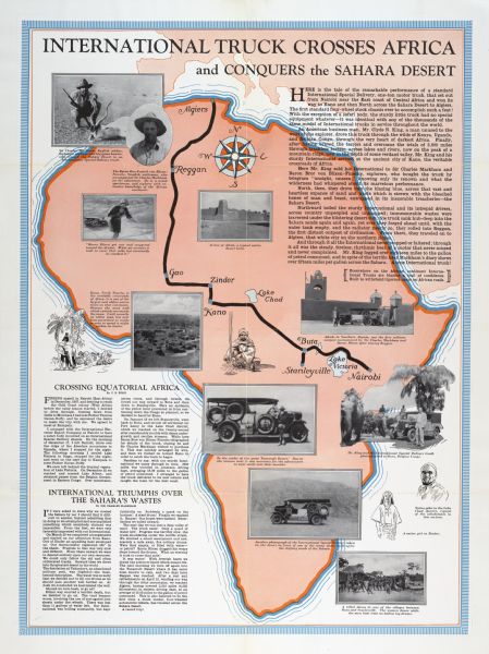 Advertising poster for International Special Delivery trucks. Features photographic illustrations of a journey across the Sahara desert over a map of Africa. Printed for distribution in South Africa. Poster text reads: "International Truck crosses Africa and conquers the Sahara Desert."