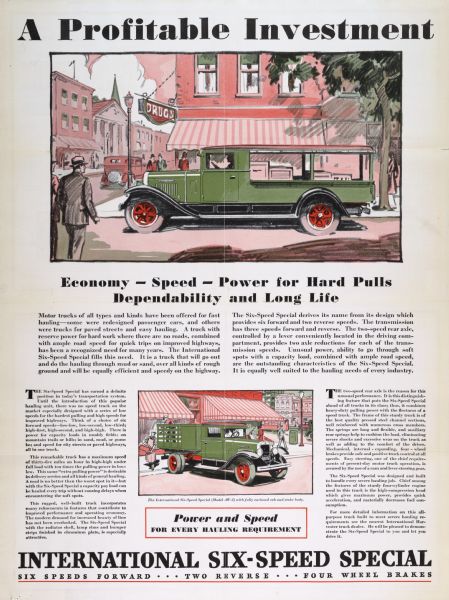 Advertising poster for the International Six-Speed Special truck (Model AW-2). Includes color illustrations of the truck on delivering goods to a storefront, and on a city street corner. Also includes the text: "A profitable investment" and "Economy - Speed - Power for hard pulls; dependability and long life."