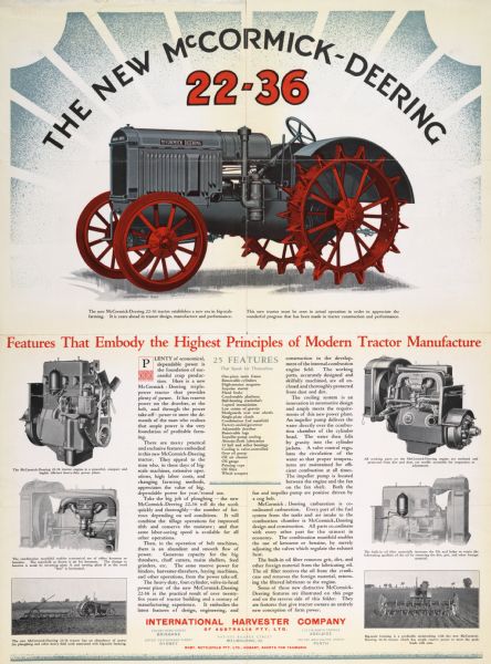 Advertising poster for the McCormick-Deering 22-36 tractor. Printed for distribution in Australia by the Specialty Press Pty. Limited of Melbourne. Includes a color illustration of the tractor.
