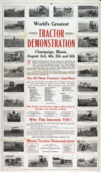 Advertising poster for the "World's greatest tractor demonstration at Champaign, Illinois" showing black and white images of several different makes and models of tractors.