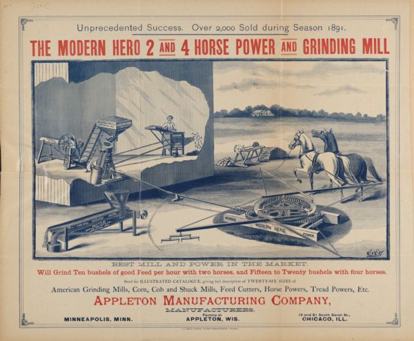 Advertising poster for "The Modern Hero 2 and 4 Horse Power and Grinding Mill." Produced by the Appleton Manufacturing Company of Appleton, Wisconsin; Minneapolis, Minnesota; and Chicago, Illinois. Includes the text: "Best Mill and Power in the Market."