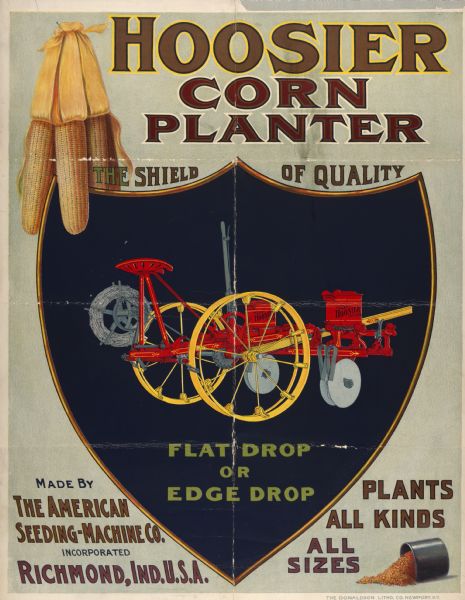 Advertising poster for Hoosier brand corn planters showing a color illustration of a corn planter inside a "The Shield of Quality," with three corn cobs at top left corner.