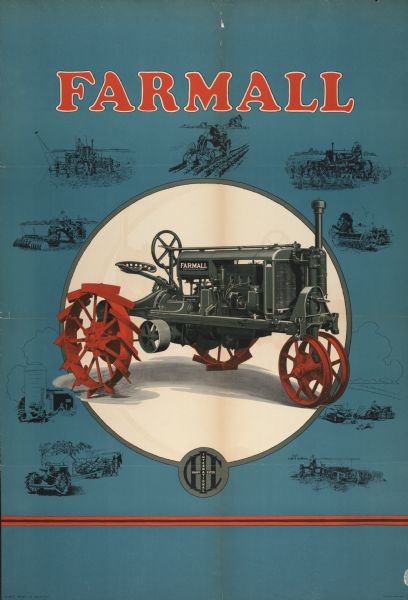 Advertising poster for the Farmall Regular tractor with an image of the tractor and farming scenes. The poster was intended for International Harvester's export market. Includes a color illustration of a tractor.