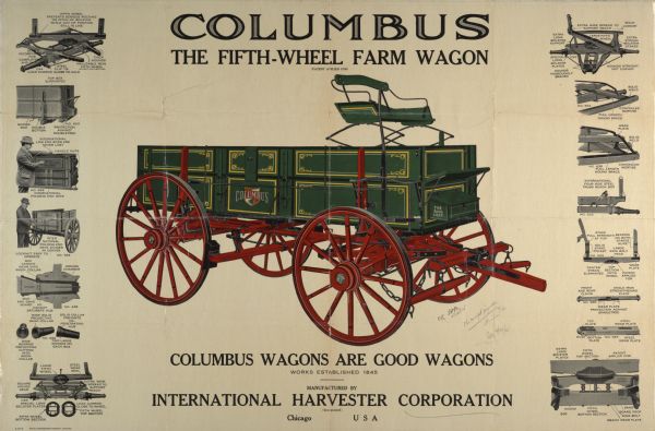 Advertising poster for Columbus farm wagons with the slogan: "Columbus Wagons Are Good Wagons." Features a color illustration of the wagon, and black and white illustrations on the left and right sides of features of the wagon. Also includes the text: "Columbus, The Fifth-Wheel Farm Wagon."