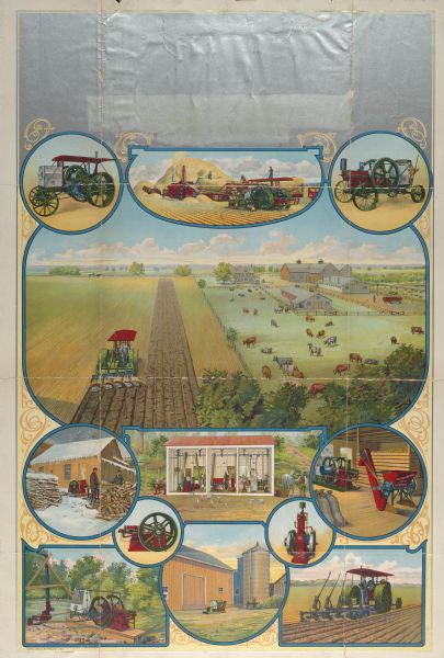 Color advertising poster featuring color illustrations of International Harvester tractors and engines at work in several farm settings.