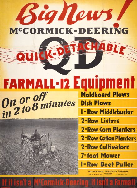 Advertising poster for "quick-detachable" farm implements for use with the McCormick-Deering F-12 tractor.