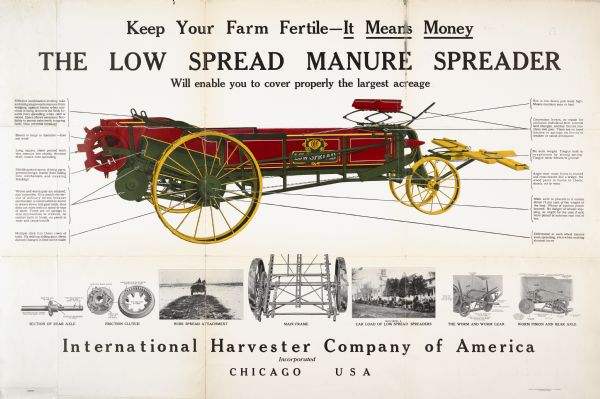 Advertising poster for the International Harvester Low Spread Manure Spreader that "will enable you to cover properly the largest acreage" featuring a color illustration of implement. The poster was printed by the Magill-Weinsheimer Company, The Crown Press, of Chicago.