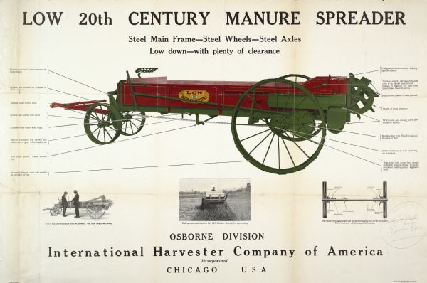 Advertising poster for the International Harvester Low 20th Century Manure Spreader. Includes color illustrations of the implement. The spreader features a "steel main frame—steel wheels—steel axles low down—with plenty of clearance." The poster was printed for International Harvester's Osborne Division by the Magill-Weinsheimer Co. of Chicago, The Crown Press.
