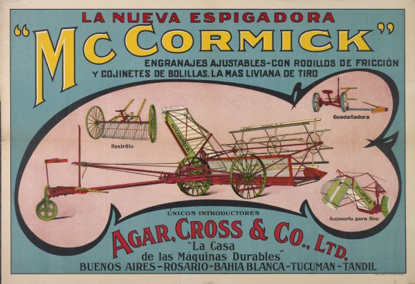 South American advertising poster for McCormick headers, push binders and mowers. Includes color illustrations and the text: "la nueva espigadora 'McCormick' . . . unicos introductores Agar, Cross & Co., Ltd. 'La Casa de las Maquinas Durables' Buenos Aires - Rosario - Bahia Blanca - Tucuman - Tandil." The poster was printed for distribution in Argentina by the Theo A. Schmidt Litho. Co. of Chicago, IL.