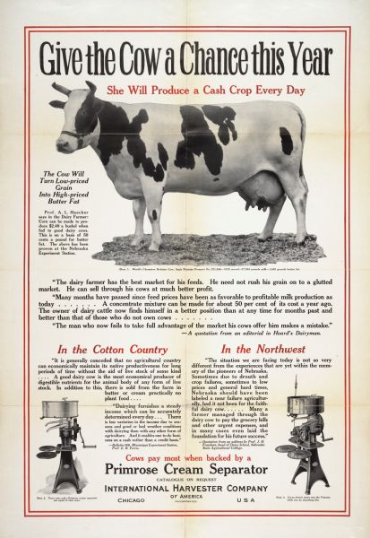 Advertising poster for International Harvester's Primrose cream separator featuring a photographic illustration of a cow under the title "Give the Cow a Chance this Year . . . She Will Produce a Cash Crop Every Day."