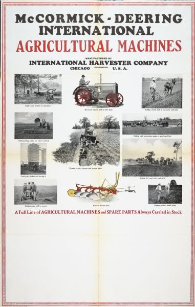 Advertising poster for McCormick-Deering International agricultural machines. Includes illustrations of tractors, plows, mowers, and other equipment.