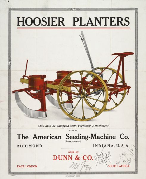 Advertising poster for Hoosier planters made by the American Seeding-Machine Company and sold by International Harvester. Features a color illustration. The poster was made for distribution in the U.S., Great Britain, and South Africa.