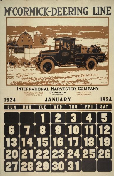 Advertising calendar for the McCormick-Deering line of farm machinery featuring an artistic rendition of man driving a "Red Baby" farm truck on a snowy road with a barn in the distance.
