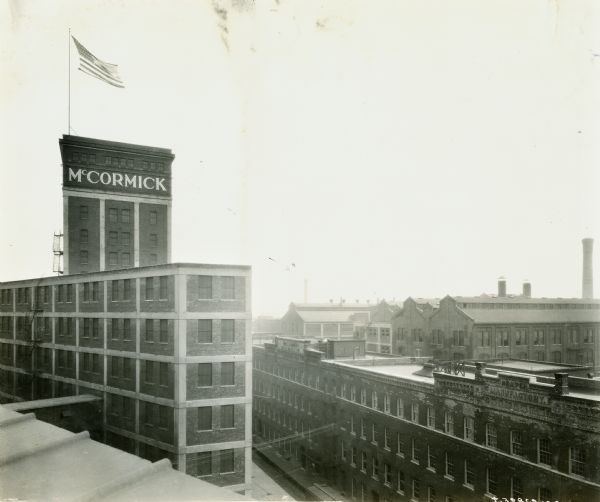Rooftop view of International Harvester's McCormick Works. The factory was owned by the McCormick Harvesting Machine Company before 1902. It was located at Blue Island and Western Avenues in the Chicago subdivision called "Canalport."
