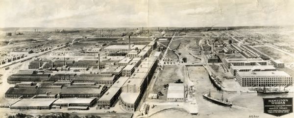 Artist's bird's-eye illustration of International Harvester's Hamilton Works factory complex, Hamilton, Ontario, Canada, by H.M. Pettit.