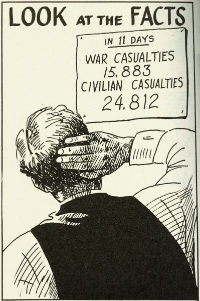 Cartoon showing a man looking at the following text: "Look at the facts, in 11 days war casualties 15,883, civilian casualties 24,812."