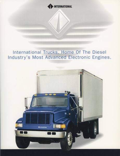 Front cover, featuring color illustration, of an advertising folder for International Truck diesel engines. Features a photograph of an International 4900 delivery truck. The text reads: "International Trucks.  Home of the Diesel Industry's Most Advanced Electronic Engines."