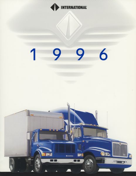 Front cover of an advertising brochure for International Trucks. Features a color illustration of an International 4900 delivery truck and an International Eagle semi (tractor-trailer).