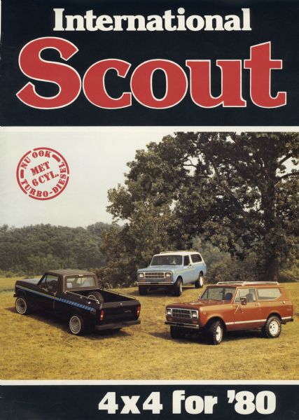 Front cover of an advertising brochure for International Scout trucks for the Netherlands. Features a color photograph of three different Scout models. The text of the brochure is a mixture of English and Dutch.