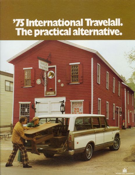 Front cover of a brochure advertising the International Travelall station wagon. Features a color photograph of a couple loading a desk into the back of a Travelall in front of an antique shop.