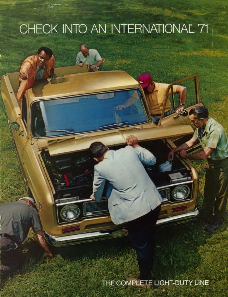 Front cover of a brochure advertising International's light-duty line.  Features a color illustration of six men examining different parts of an International pickup truck.
