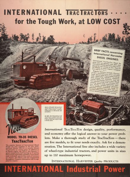 Advertising poster for International crawler tractors (TracTracTors), featuring the TD-35. Includes illustrations of workers using crawler tractors in road construction and the text: "International TracTracTors for the Tough Work, at Low Cost" and "International Industrial Power".