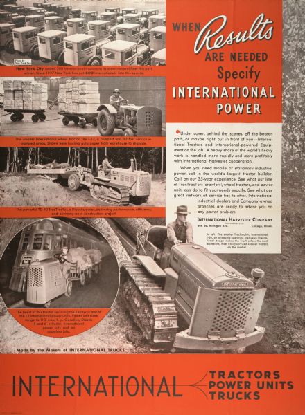 Advertising poster for International industrial equipment, including crawler tractors (TracTracTors), industrial tractors and shop mules. Includes photo illustrations of crawler tractors, industrial tractors and shop mules in a variety of settings.