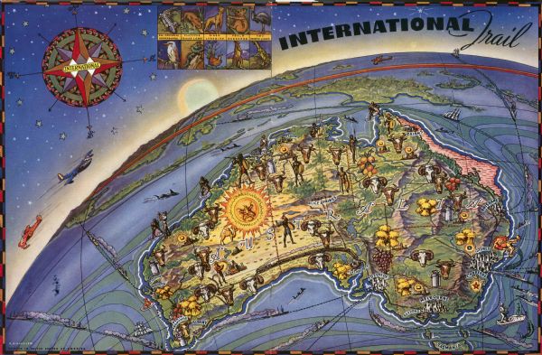 A colorful pictorial map of Australia, featured on the front and back cover of a special Australian edition of <i>International Trail</i>.