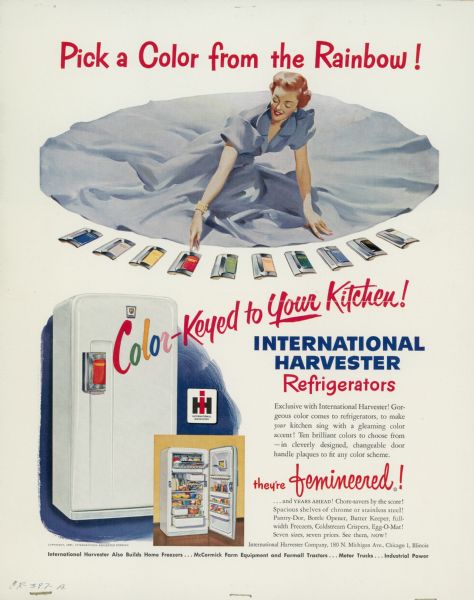 Advertising poster showing a woman displaying color choices for International Harvester refrigerator door handle plaques. Also includes illustrations of a closed refrigerator with colored plaque, and an open refrigerator stocked with food.