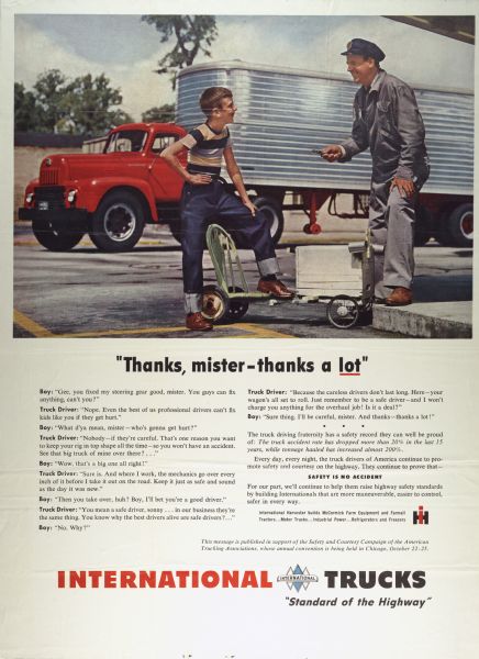 Advertising poster for International trucks featuring a color illustration of a truck driver talking to a young boy. An International semi-truck is parked in the background. Includes the text "thanks, mister - thanks a lot".