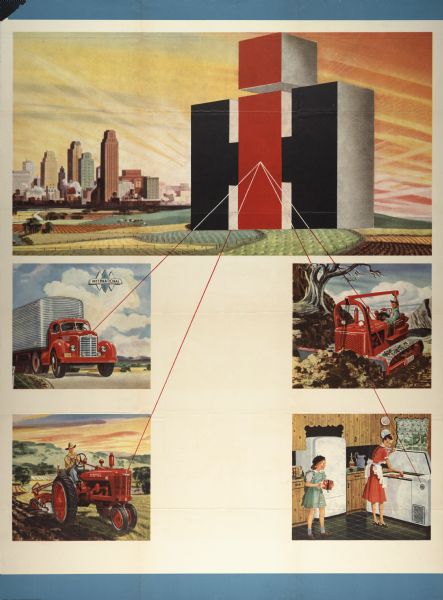 Advertising poster linking the new International Harvester logo with the company's truck, agricultural equipment, construction equipment, and household refrigeration product lines. Includes color illustrations of an International truck, tractor, crawler tractor (TracTracTor), and refrigerator.