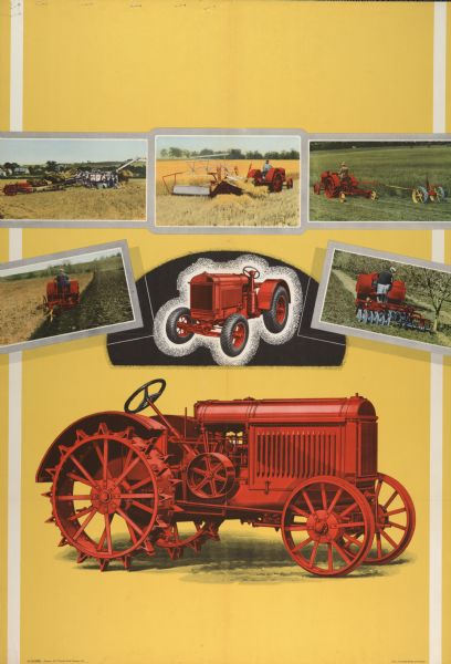 Advertising poster for the 10-20 tractor produced by International Harvester. Includes color illustrations of the 10-20 tractor in the field with a mower, disk harrow, grain binder and stationary thresher.