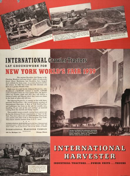 Advertising poster for International Harvester crawler tractors (TracTracTors) showing the tractors laying "groundwork for the New York World's Fair, 1939".