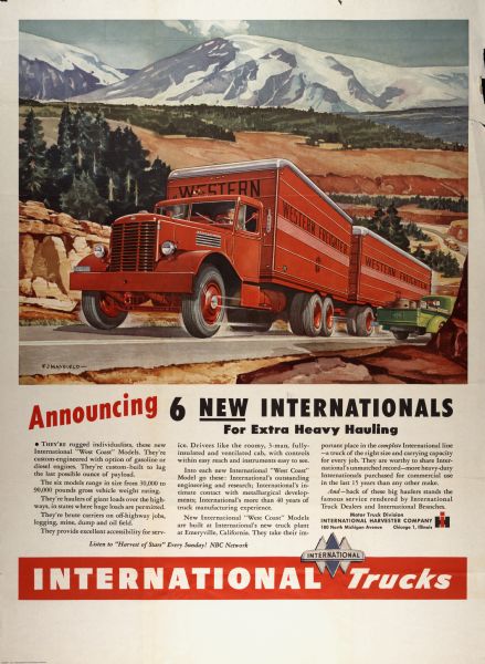 Advertising poster for International heavy-duty trucks showing color illustration of a "Western Freighter" truck on a mountain road. Includes the text: "introducing 6 new internationals for extra heavy hauling."